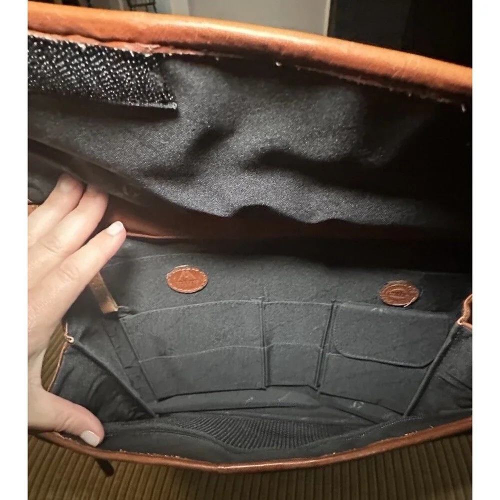 Full Grain Leather Briefcase Laptop Bag Tan Cognac Double Zip